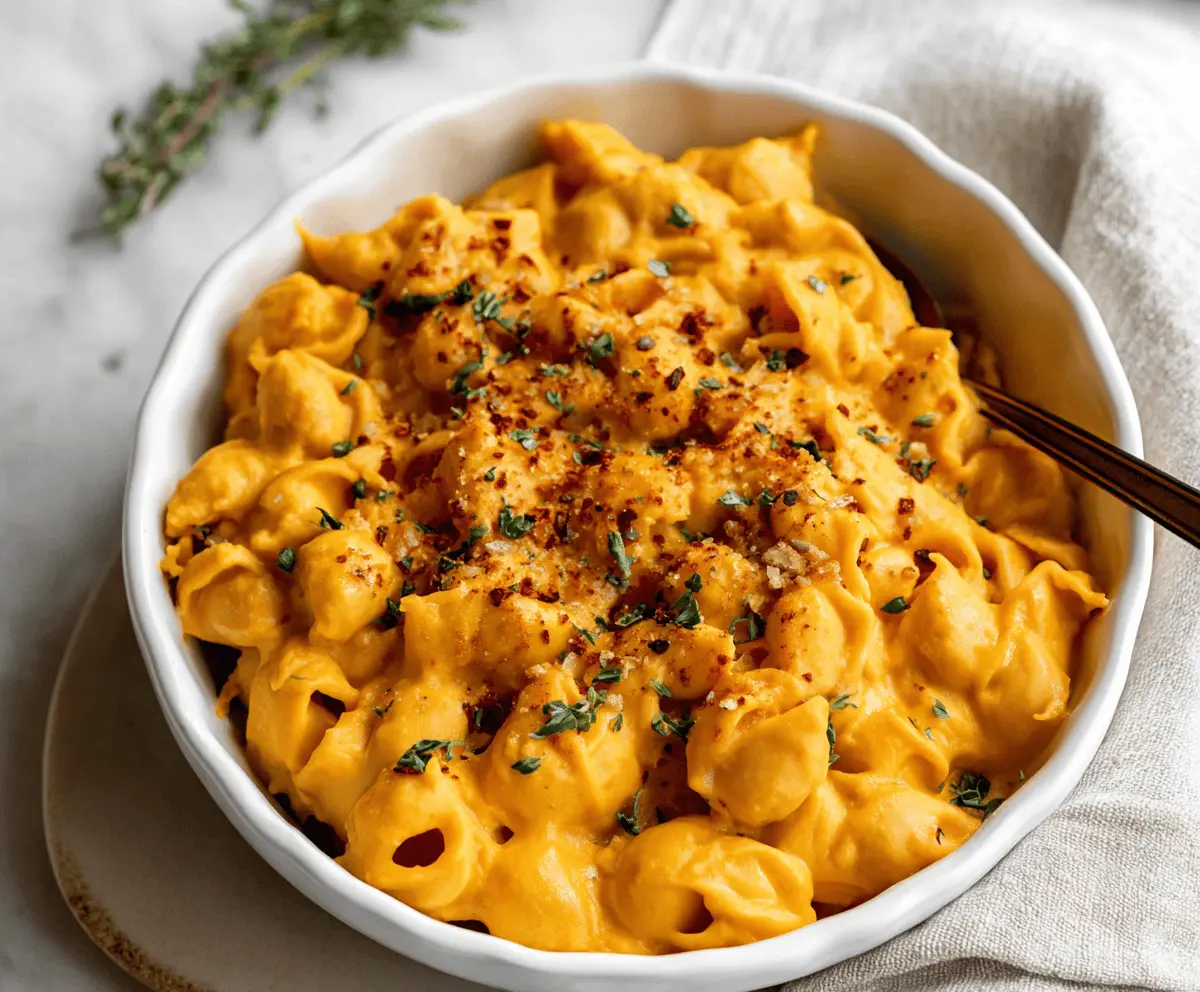 Creamy vegan sweet potato mac and cheese served in a bowl, garnished with fresh herbs.
