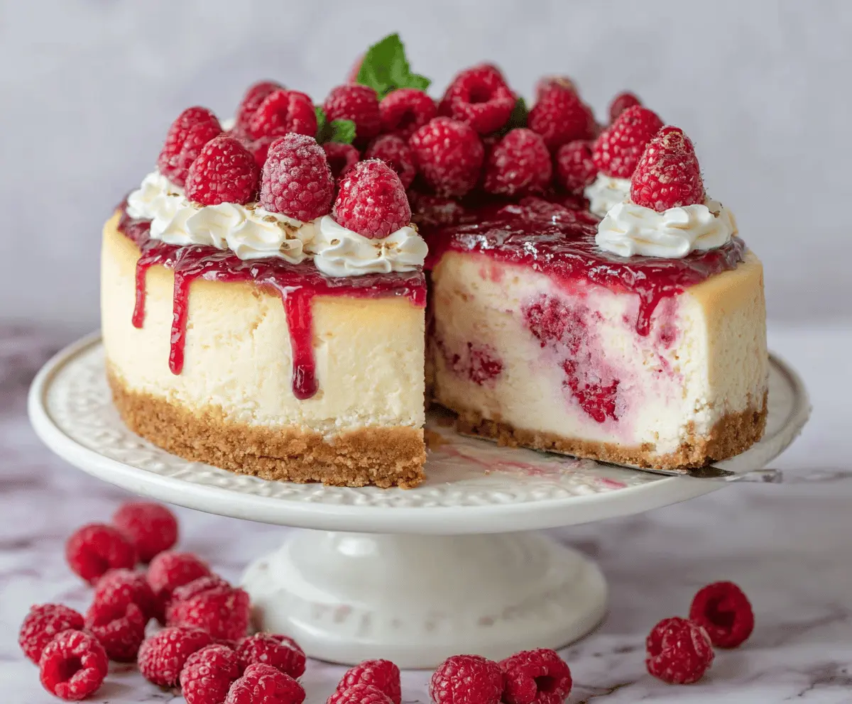 Delicious white chocolate raspberry cheesecake with a creamy topping and fresh raspberries