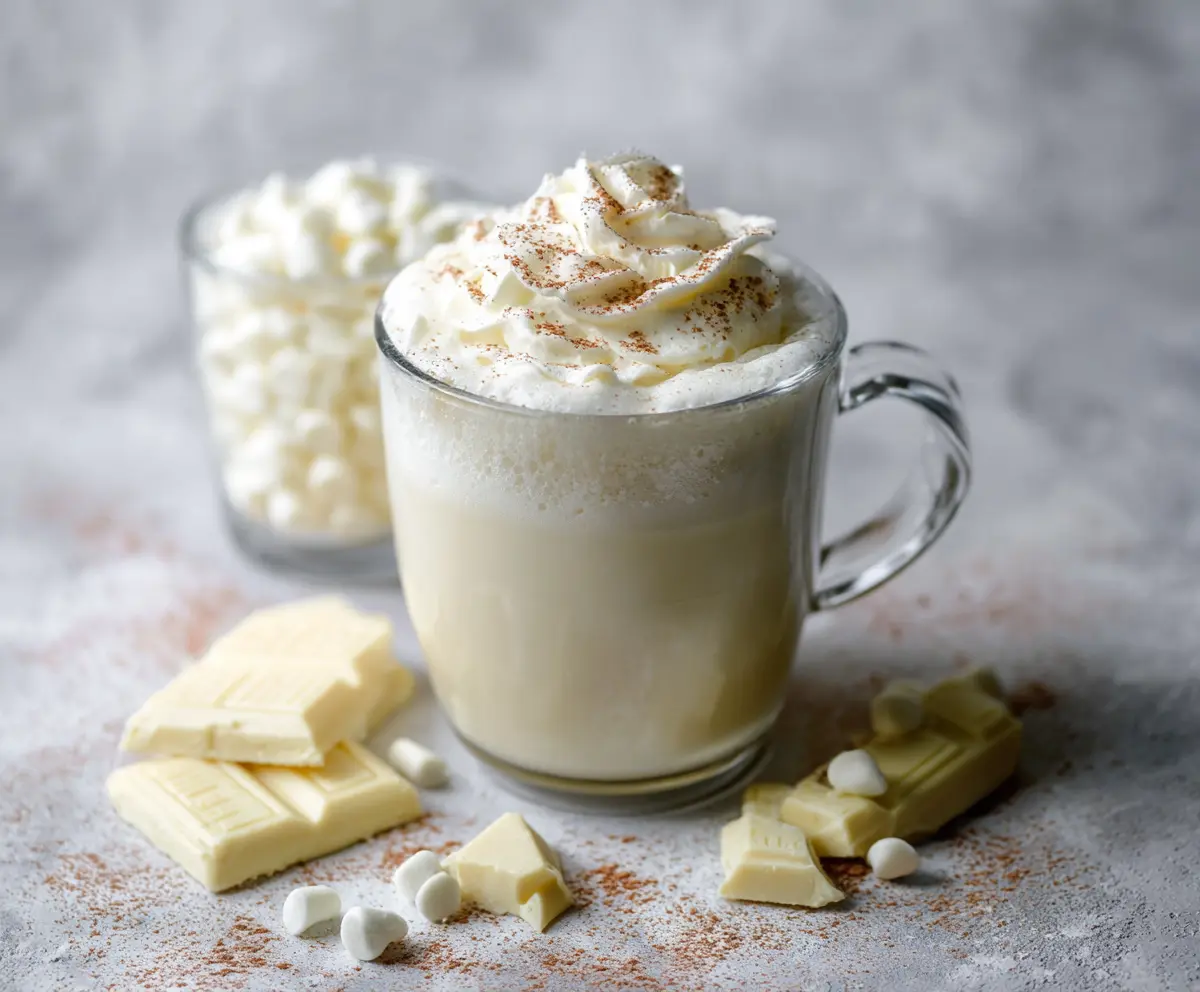 Creamy White Hot Chocolate in a mug topped with whipped cream and marshmallows
