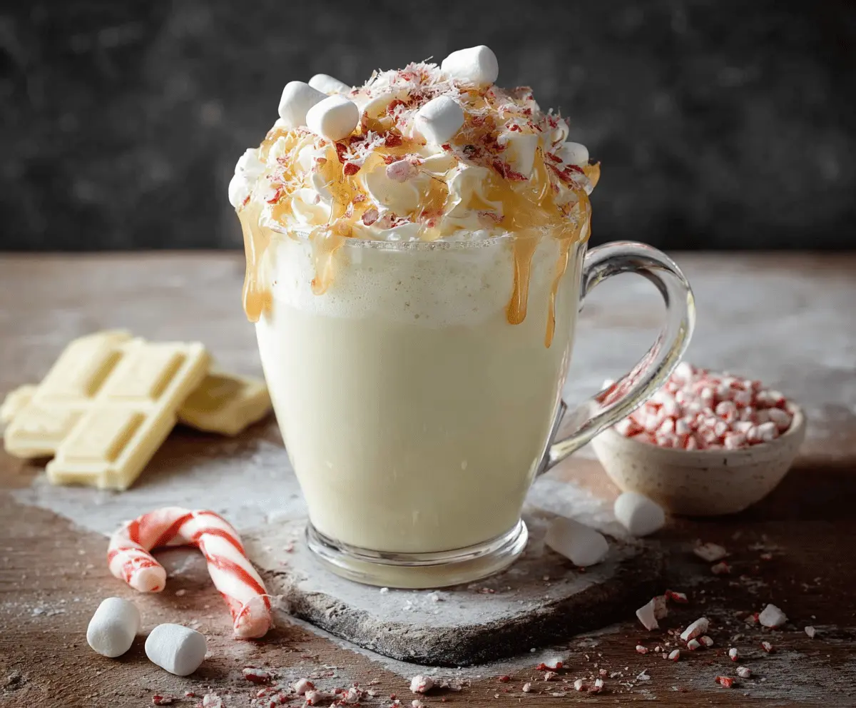 Creamy white hot chocolate topped with whipped cream and marshmallows in a cozy mug.