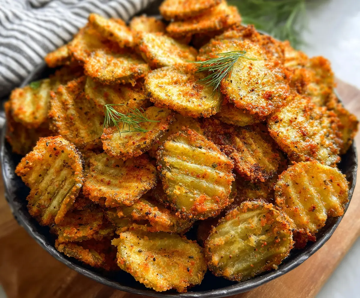 Crispy Air Fryer Spicy Dill Pickle Chips served with dipping sauce on a white plate.