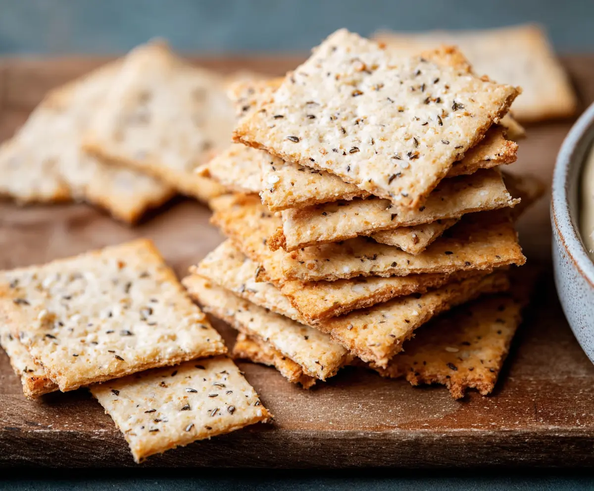 Homemade almond flour crackers on a rustic wooden table, healthy gluten-free snack