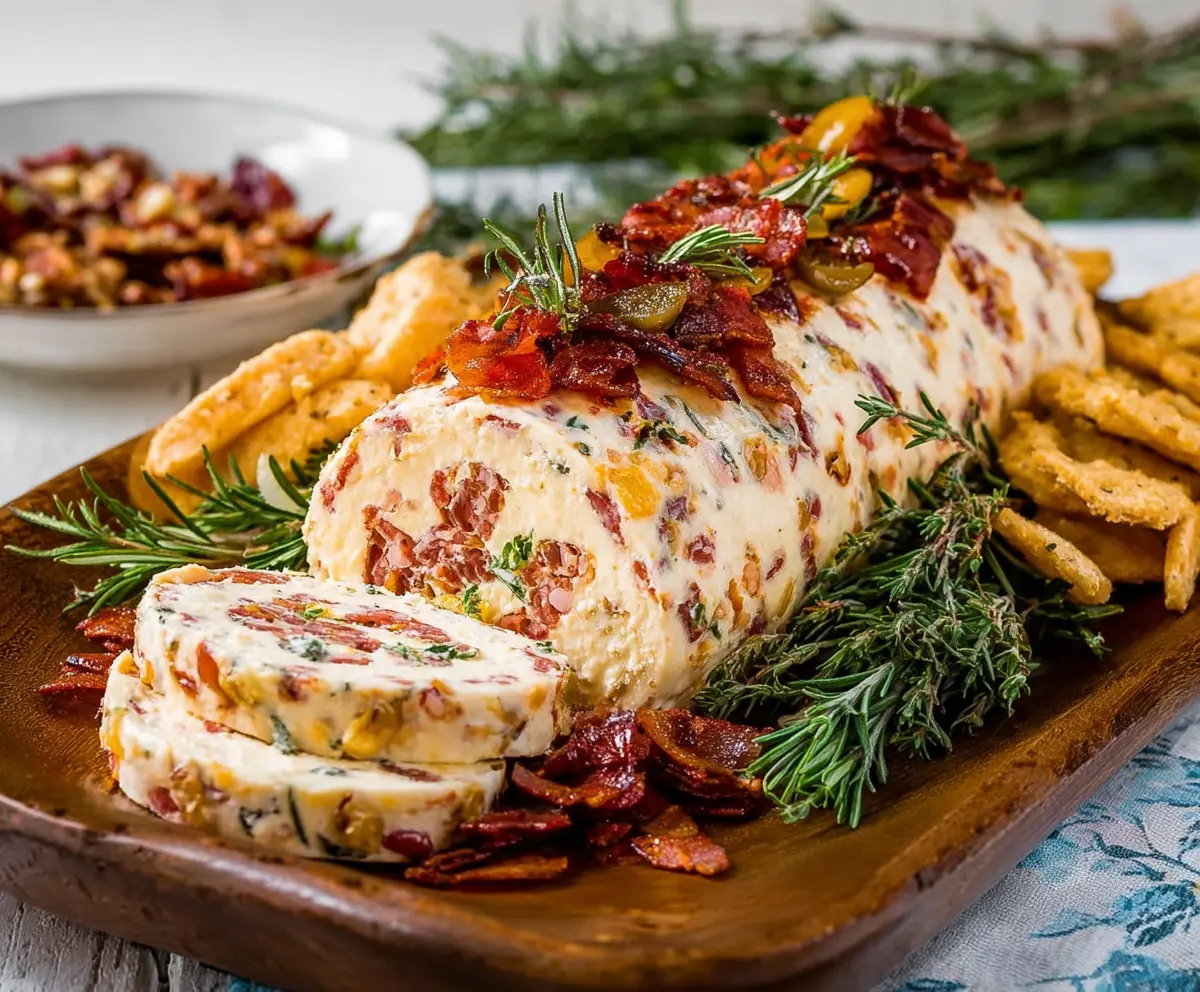 Delicious Antipasto Cheese Log with assorted meats and herbs on a serving platter
