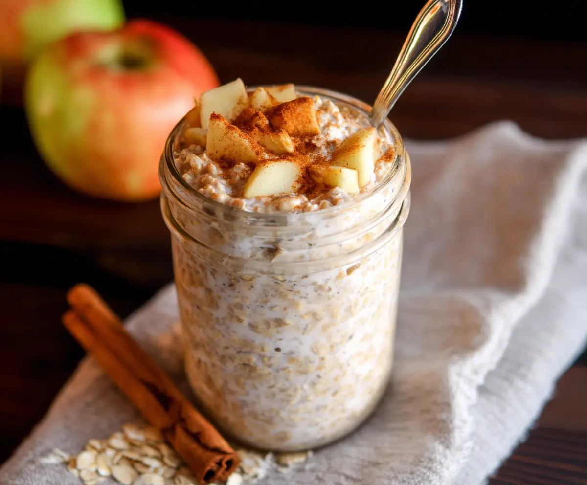 Healthy apple cinnamon protein overnight oats in a glass jar with fresh apple slices and cinnamon sticks
