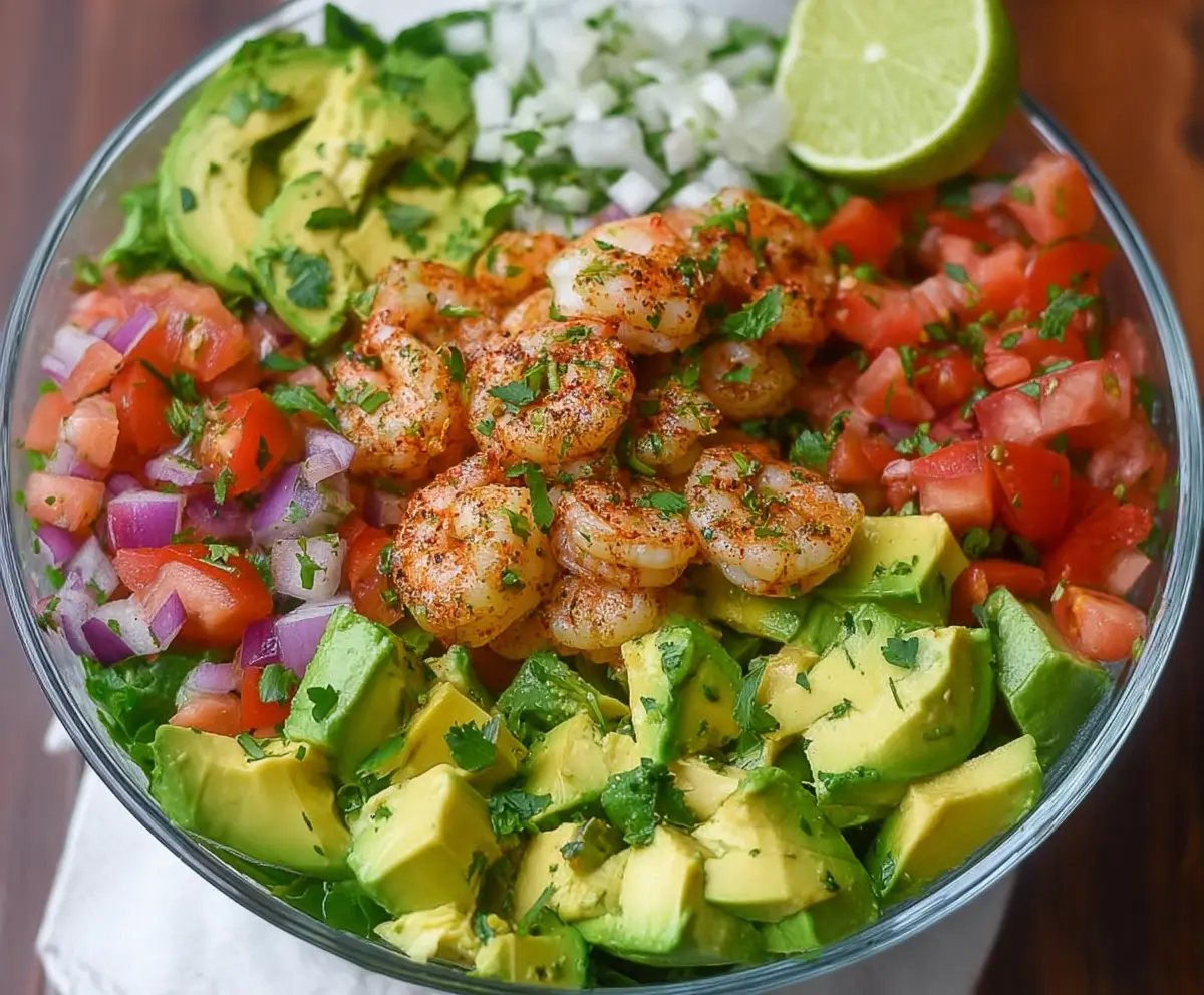 Fresh avocado and shrimp salad with vibrant salsa toppings, perfect for a healthy meal.