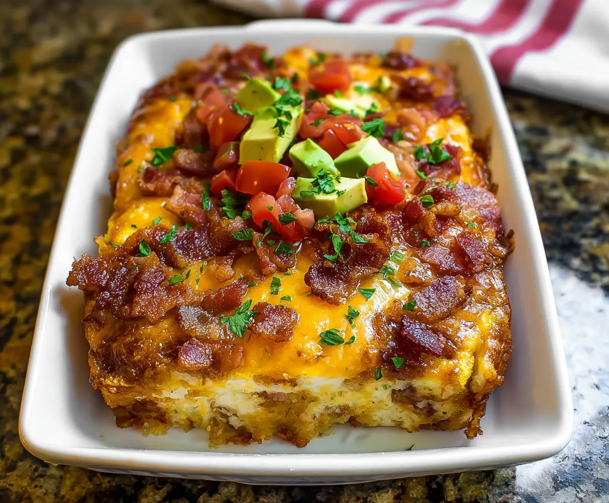 Delicious bacon breakfast casserole in a baking dish with eggs, cheese, and crispy bacon slices