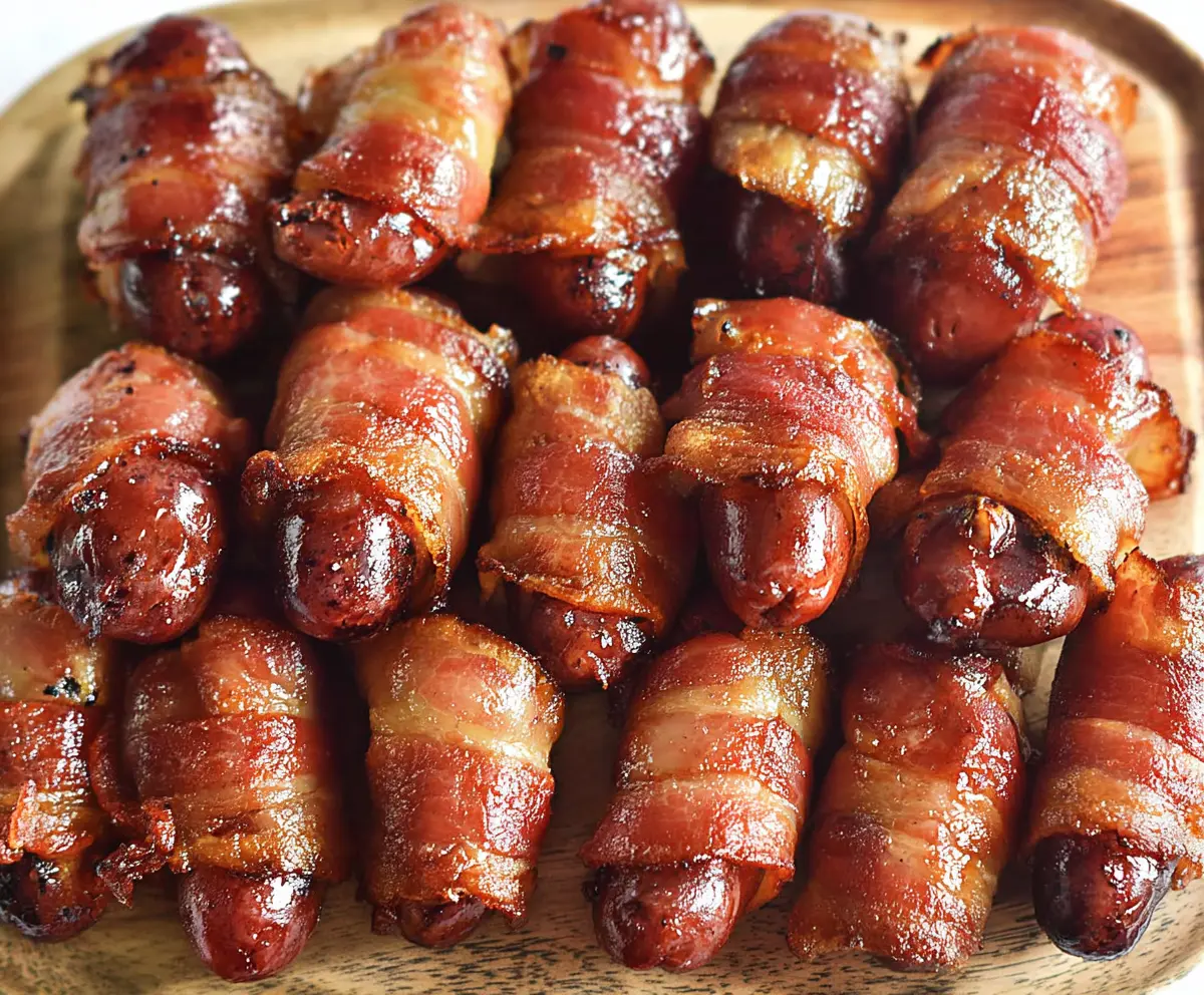 Delicious bacon-wrapped little smokies on a platter, perfect for appetizers and parties.