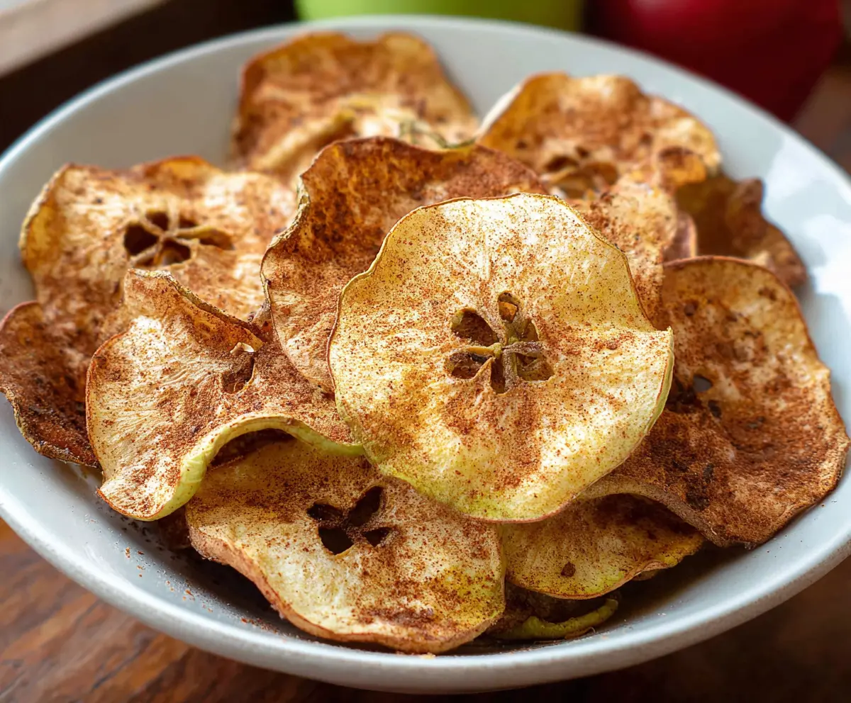 Delicious homemade baked apple chips, a healthy snack option with crispy, golden slices.