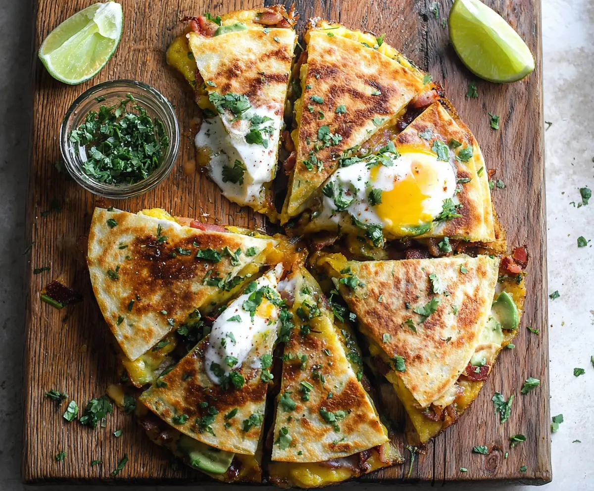 Delicious baked breakfast quesadillas filled with cheese, eggs, and vegetables on a plate.