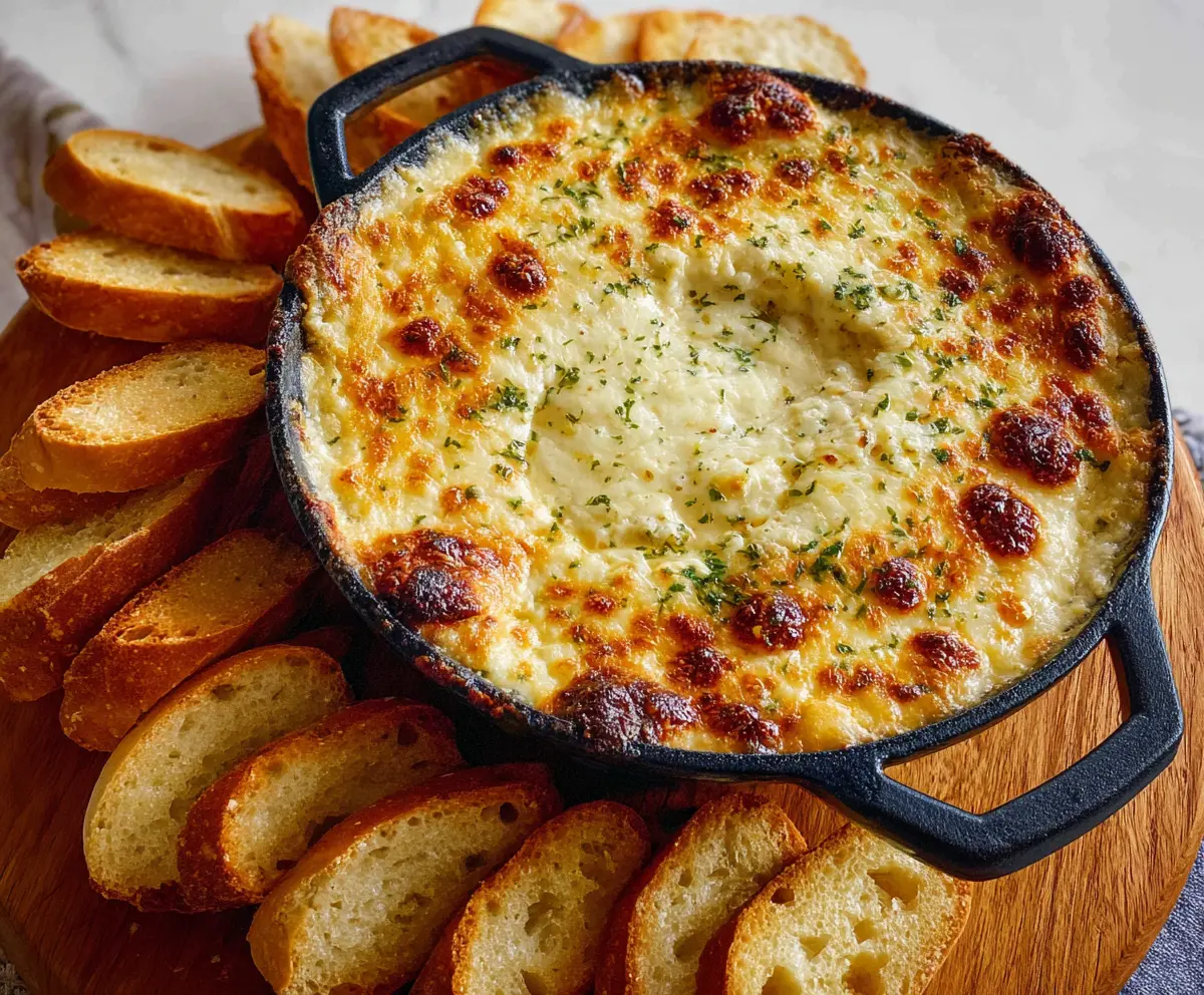 Delicious baked garlic bread dip served in a bowl with fresh herbs for flavor