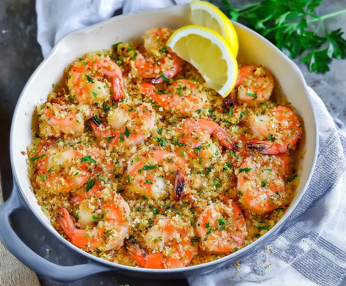 Delicious baked shrimp scampi topped with golden breadcrumbs on a white plate.