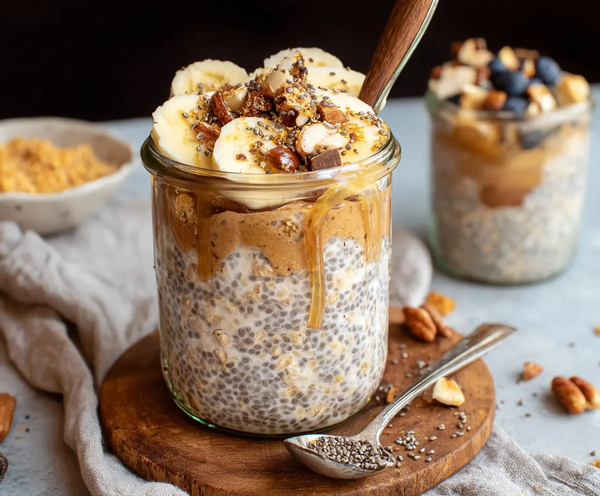 Healthy Banana Chia Overnight Oats in a glass jar with sliced bananas and chia seeds on top