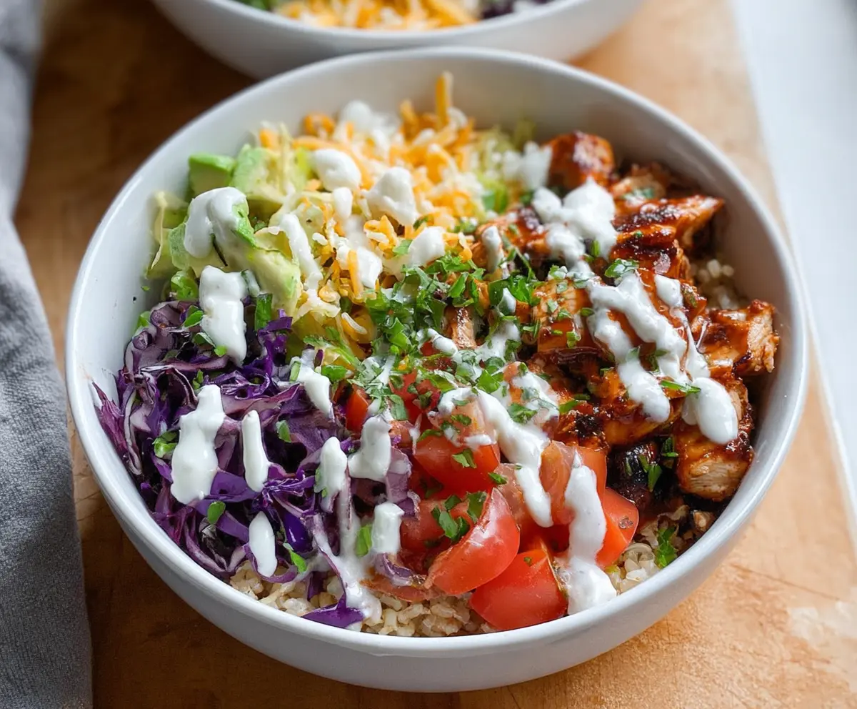 Delicious BBQ Chicken Ranch Bowl with grilled chicken, fresh greens, and creamy dressing
