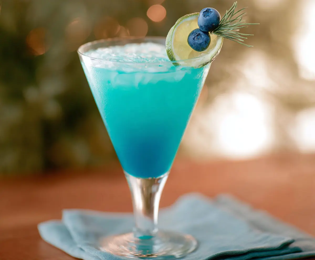 Festive Blue Christmas Cocktail garnished with cherries and a slice of lemon for holiday cheer.