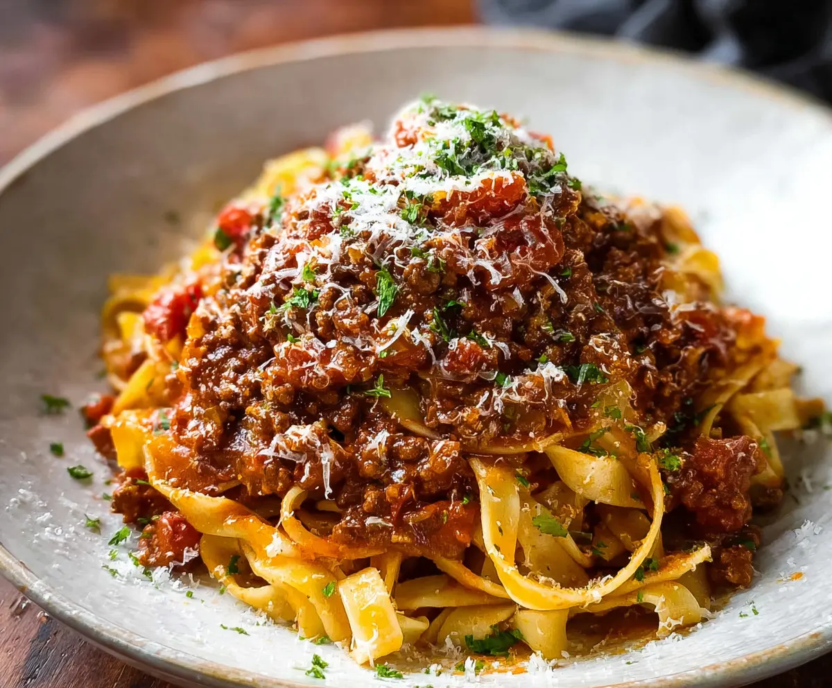 Delicious Bolognese pasta served on a plate with rich tomato sauce and herbs.