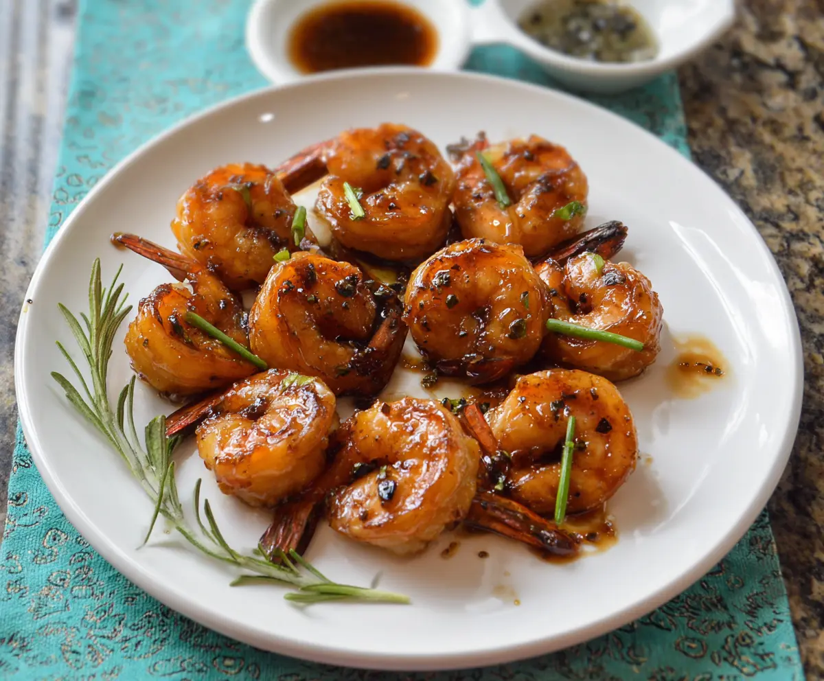 Juicy shrimp glazed with a rich bourbon sauce, garnished for a delicious Bourbon Glazed Shrimp dish.