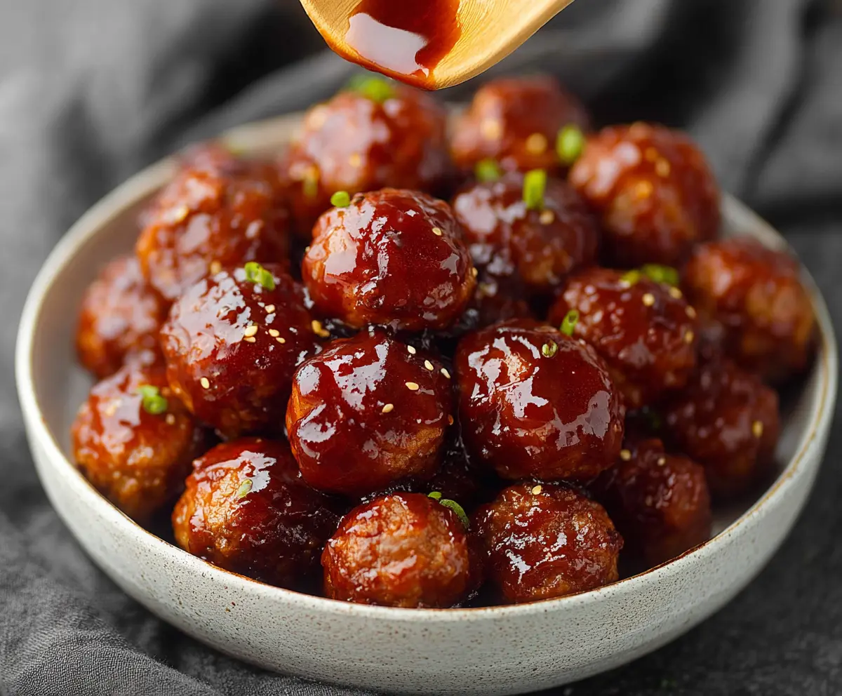 Savory bourbon honey glazed BBQ meatballs served on a platter with fresh herbs.