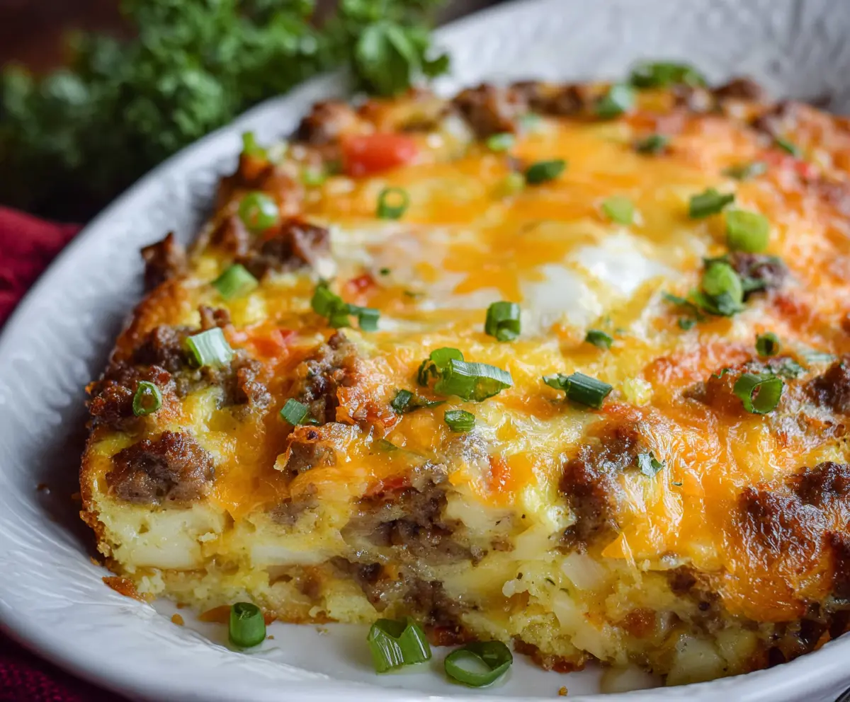 Delicious breakfast sausage casserole layered with melted cheese and eggs