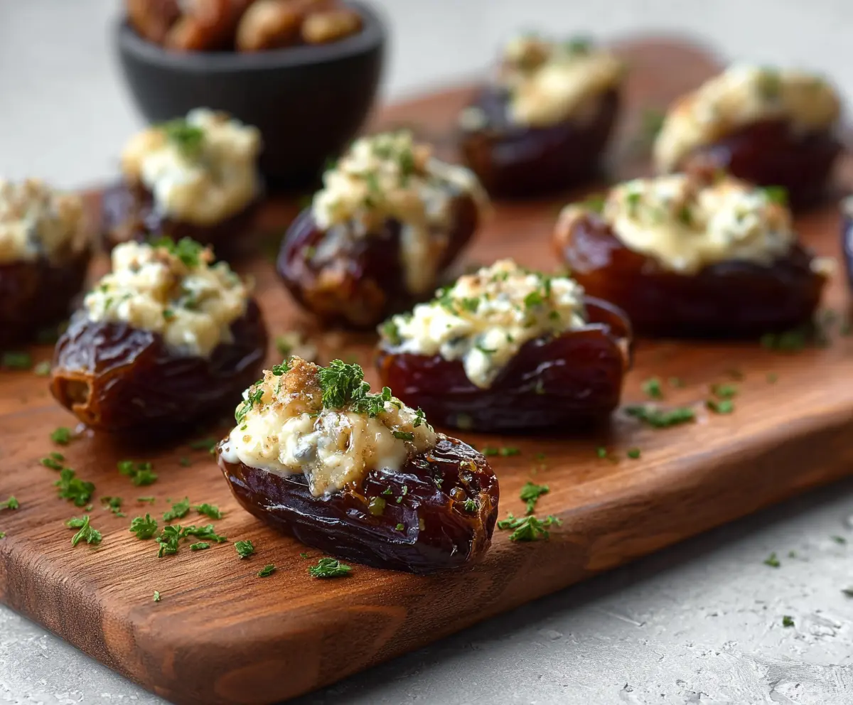 Delicious Brie stuffed dates garnished with chopped nuts on a white plate