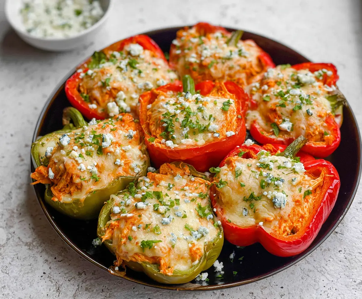 Buffalo chicken stuffed peppers topped with melted cheese and celery sticks on a plate.