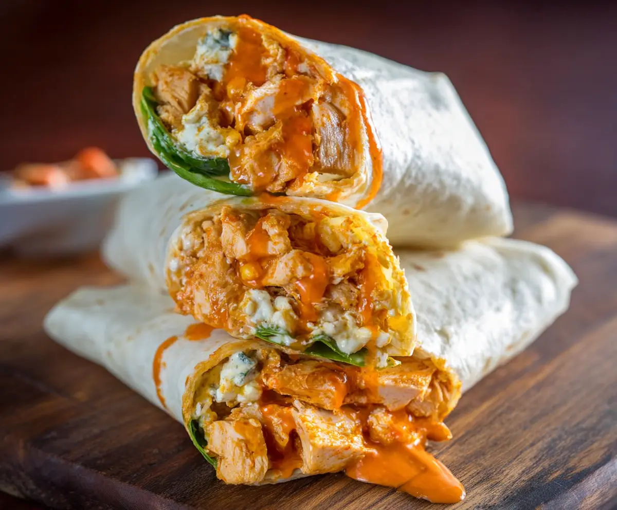 Delicious Buffalo Chicken Wrap with spicy sauce, lettuce, and tortilla, perfect for a quick lunch or dinner.