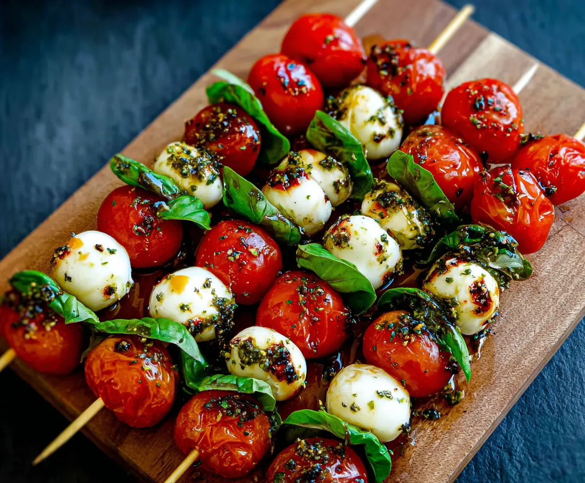 Colorful Caprese skewers with cherry tomatoes mozzarella and fresh basil on toothpicks for appetizer.
