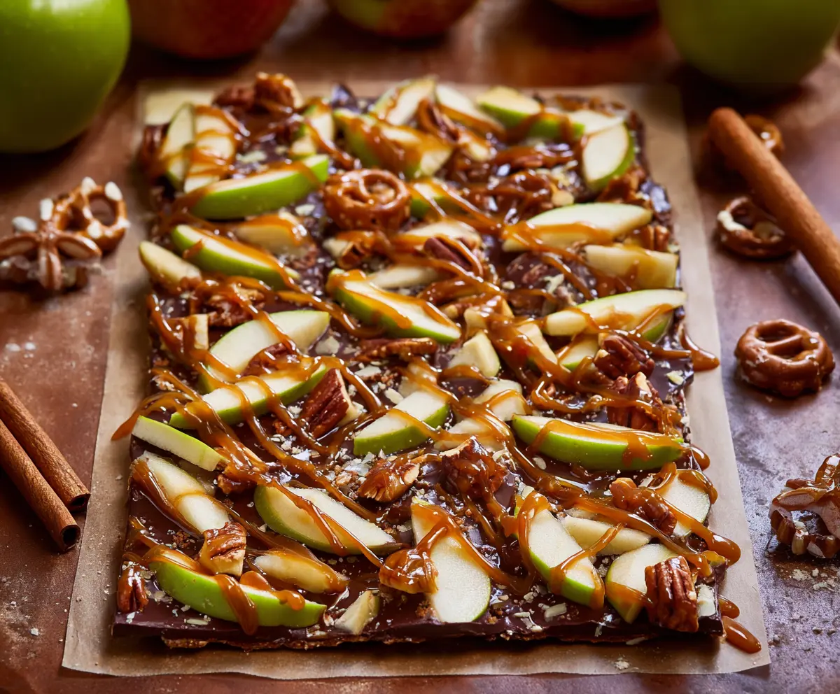 Delicious caramel apple bark topped with creamy caramel, fresh apple slices, and crunchy toppings