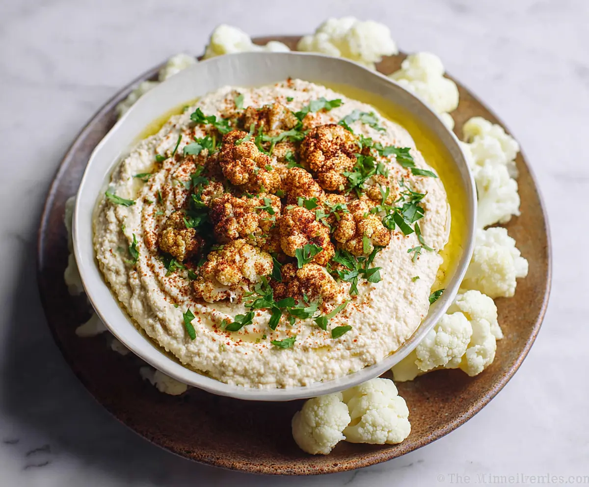 Creamy cauliflower hummus served with fresh vegetables on a rustic plate - healthy vegan snack.
