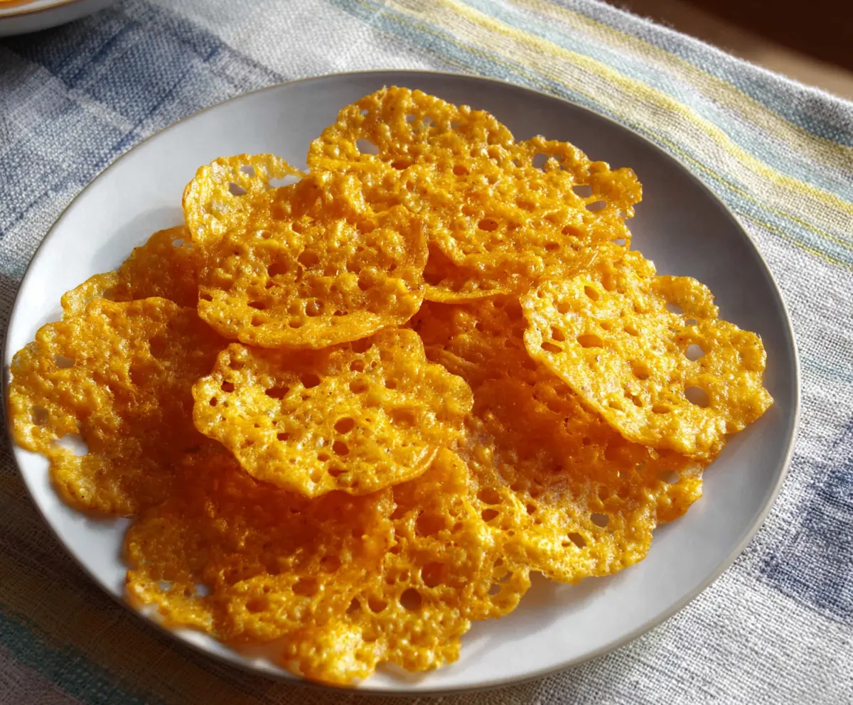 Crunchy homemade cheddar cheese crisps on a plate, perfect for snacking and cheese lovers.