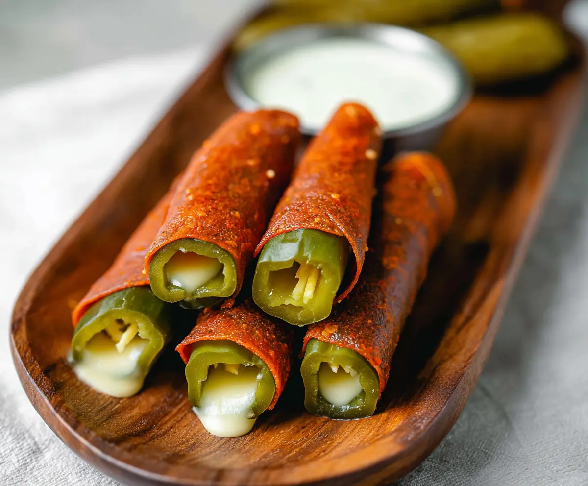 Cheese-wrapped pickles served as a savory appetizer or snack.
