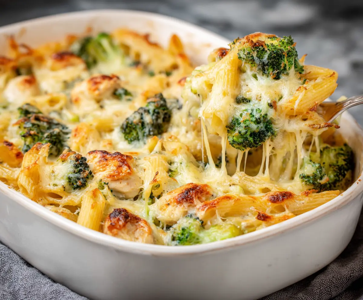 Delicious chicken and broccoli pasta bake served hot, showcasing a cheesy and flavorful meal.
