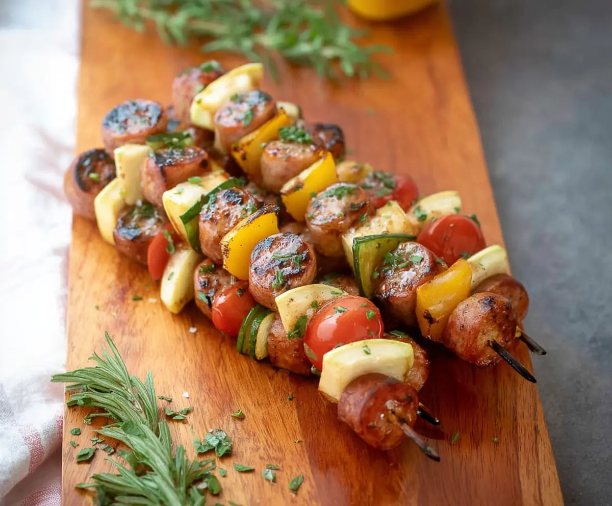 Grilled chicken apple sausage skewers with fresh herbs and colorful vegetables