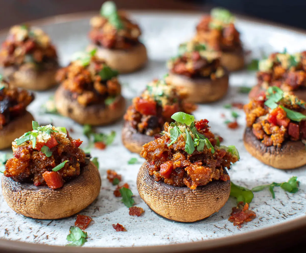 Delicious chorizo stuffed mushrooms topped with melted cheese, perfect as an appetizer.