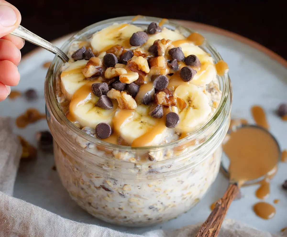 Delicious Chunky Monkey Overnight Oats with bananas, walnuts, and chocolate chips in a glass jar.