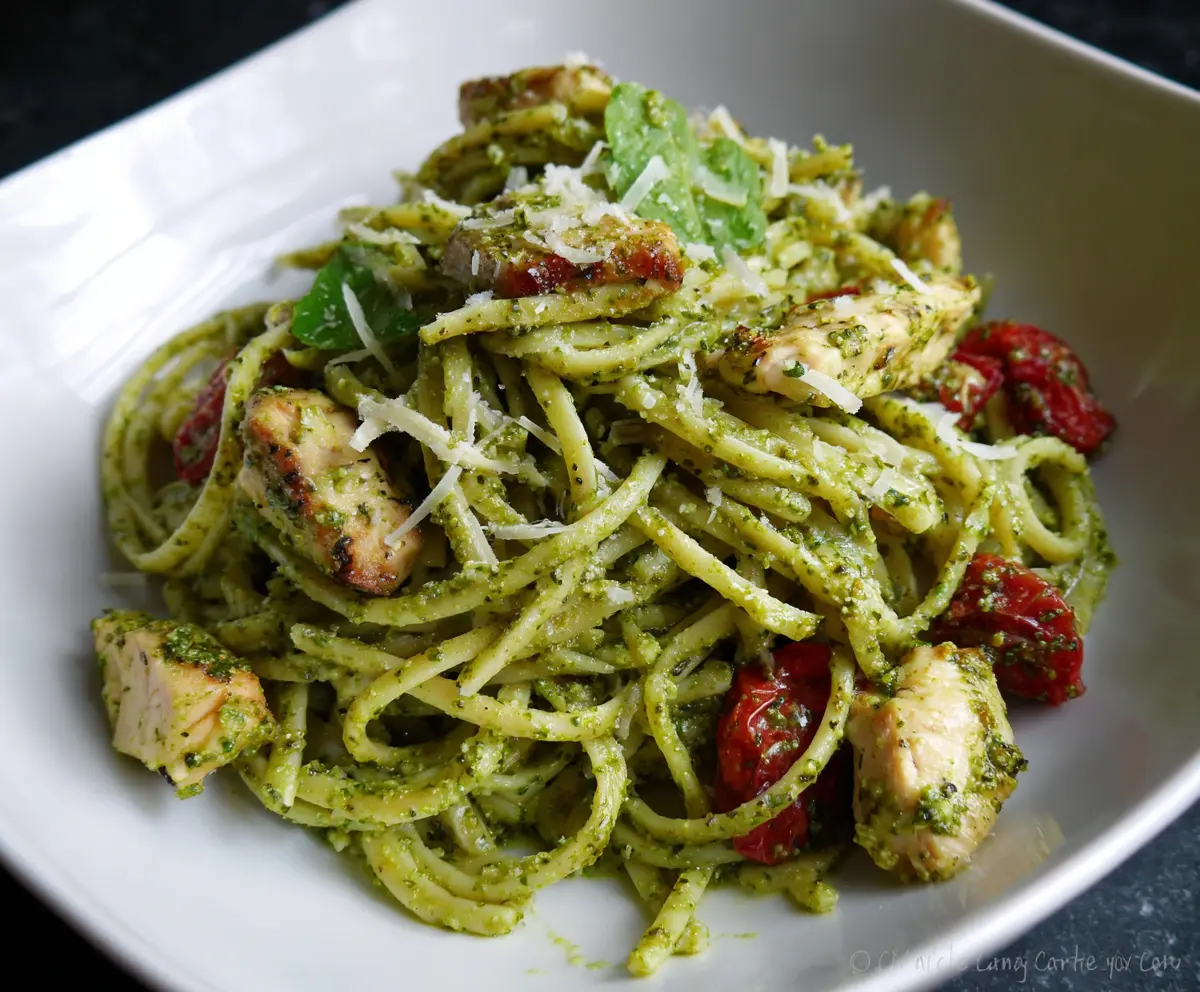 Delicious Cilantro Chicken and Pesto Pasta served on a white plate with fresh basil garnish
