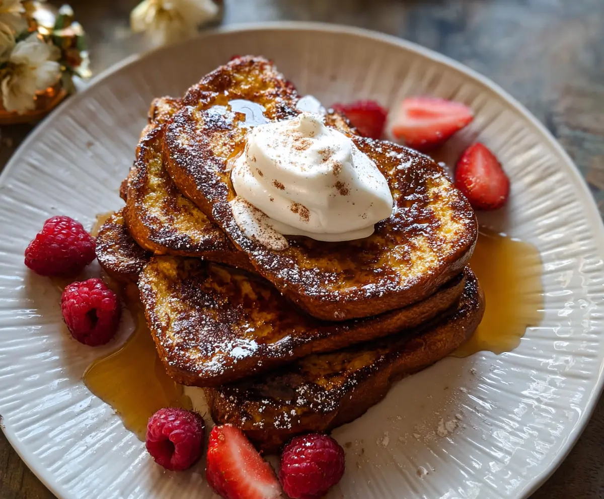 Delicious cinnamon French toast topped with powdered sugar and fresh berries on a breakfast plate.