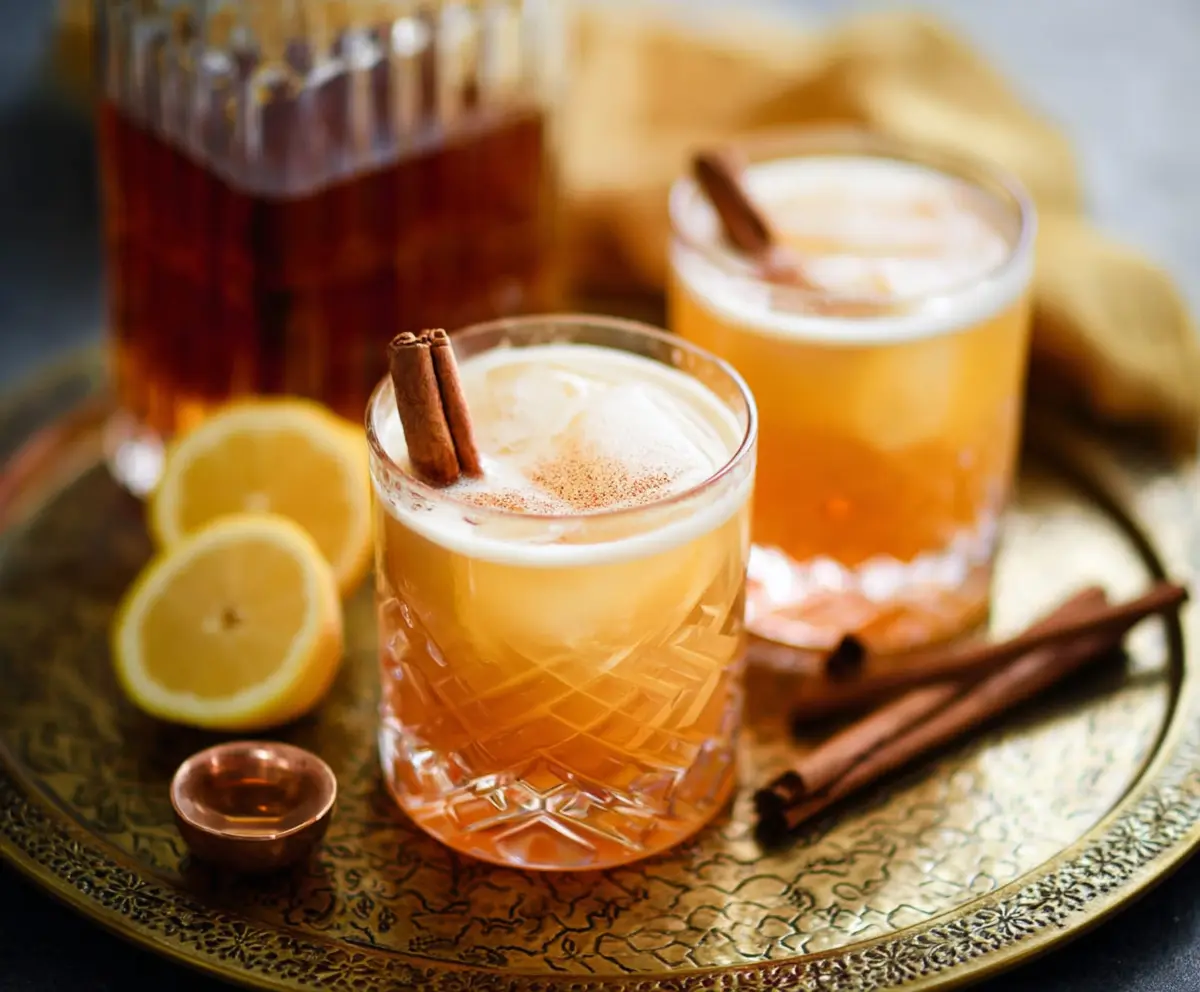 Close-up of a Cinnamon Maple Whiskey Sour cocktail garnished with cinnamon stick and maple syrup drizzle.