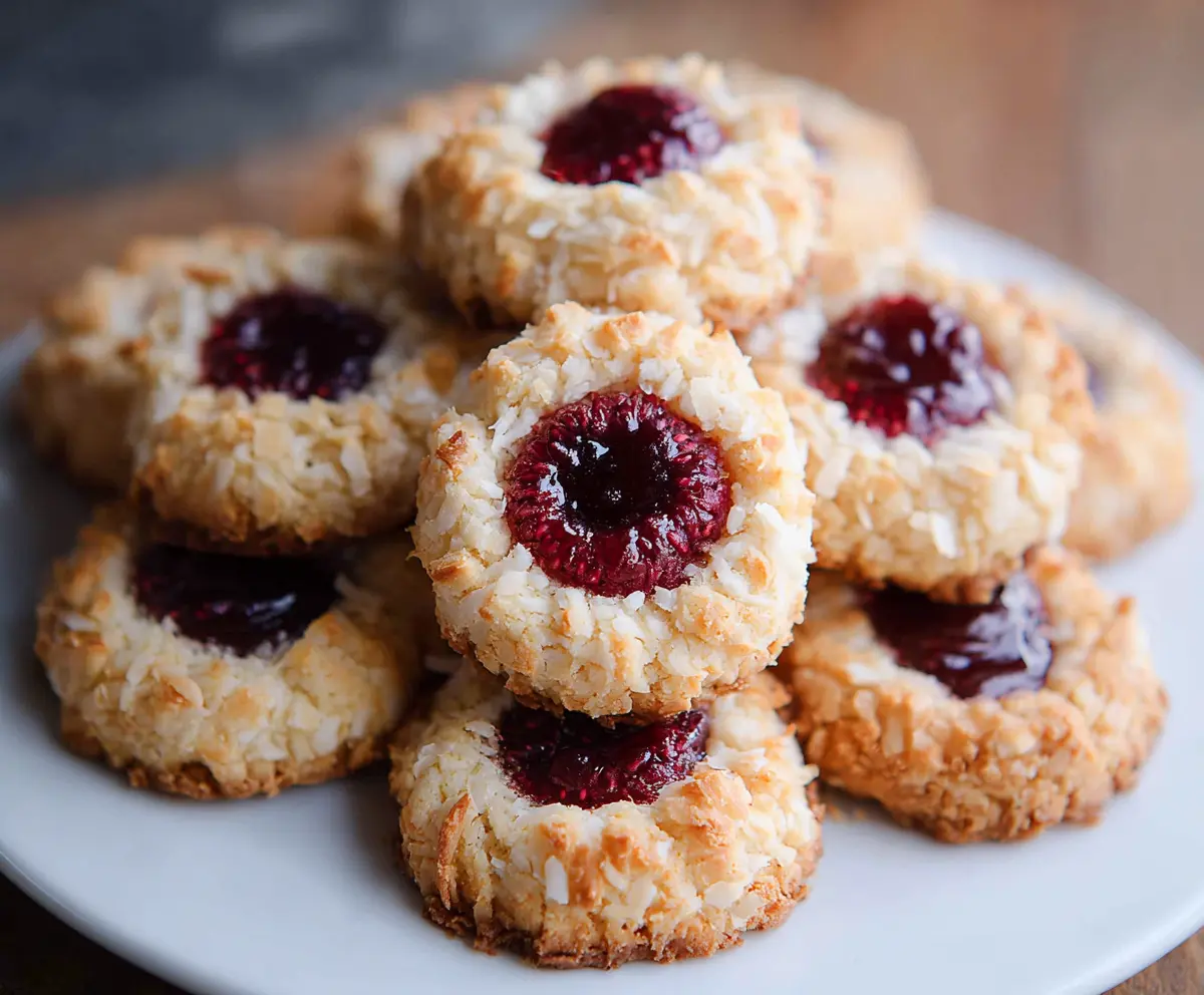 Delicious Coconut Raspberry Thumbprint Cookies with a coconut coating and raspberry filling.
