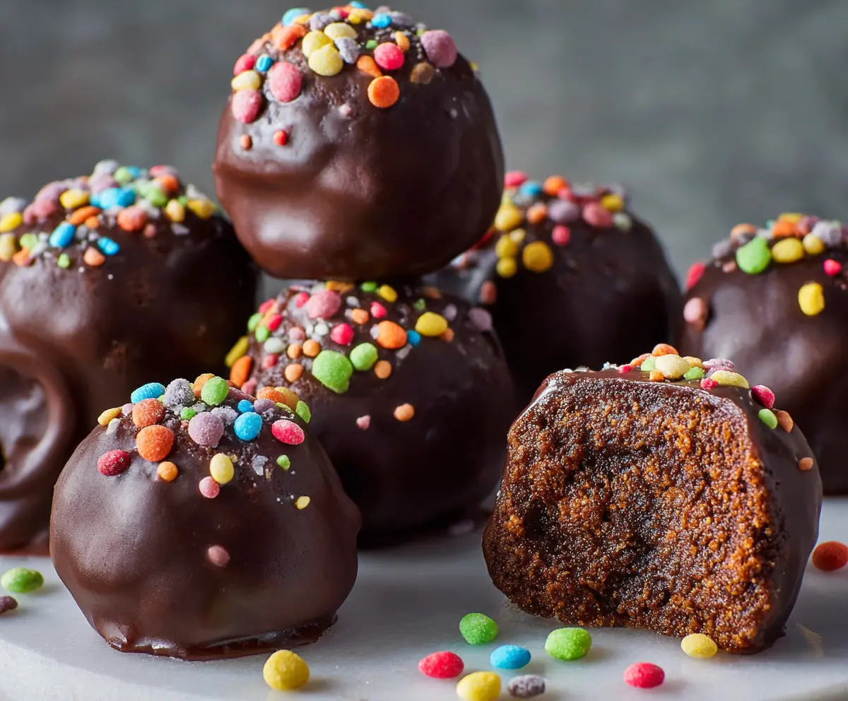 Delicious Cosmic Brownie Protein Bites with chocolate and colorful sprinkles for a nutritious snack.