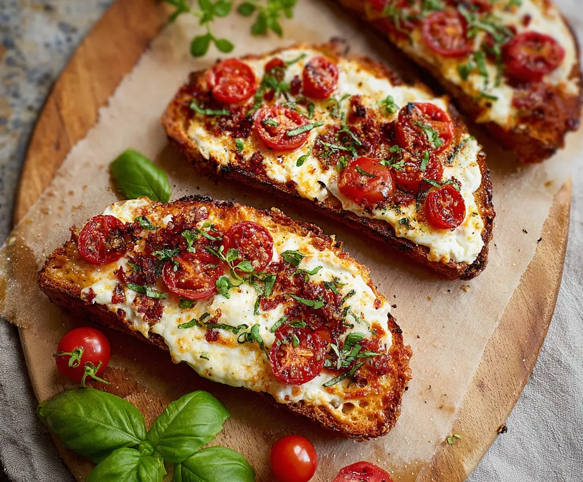 Delicious cottage cheese pizza toast topped with fresh herbs and melted cheese, perfect for a quick snack.