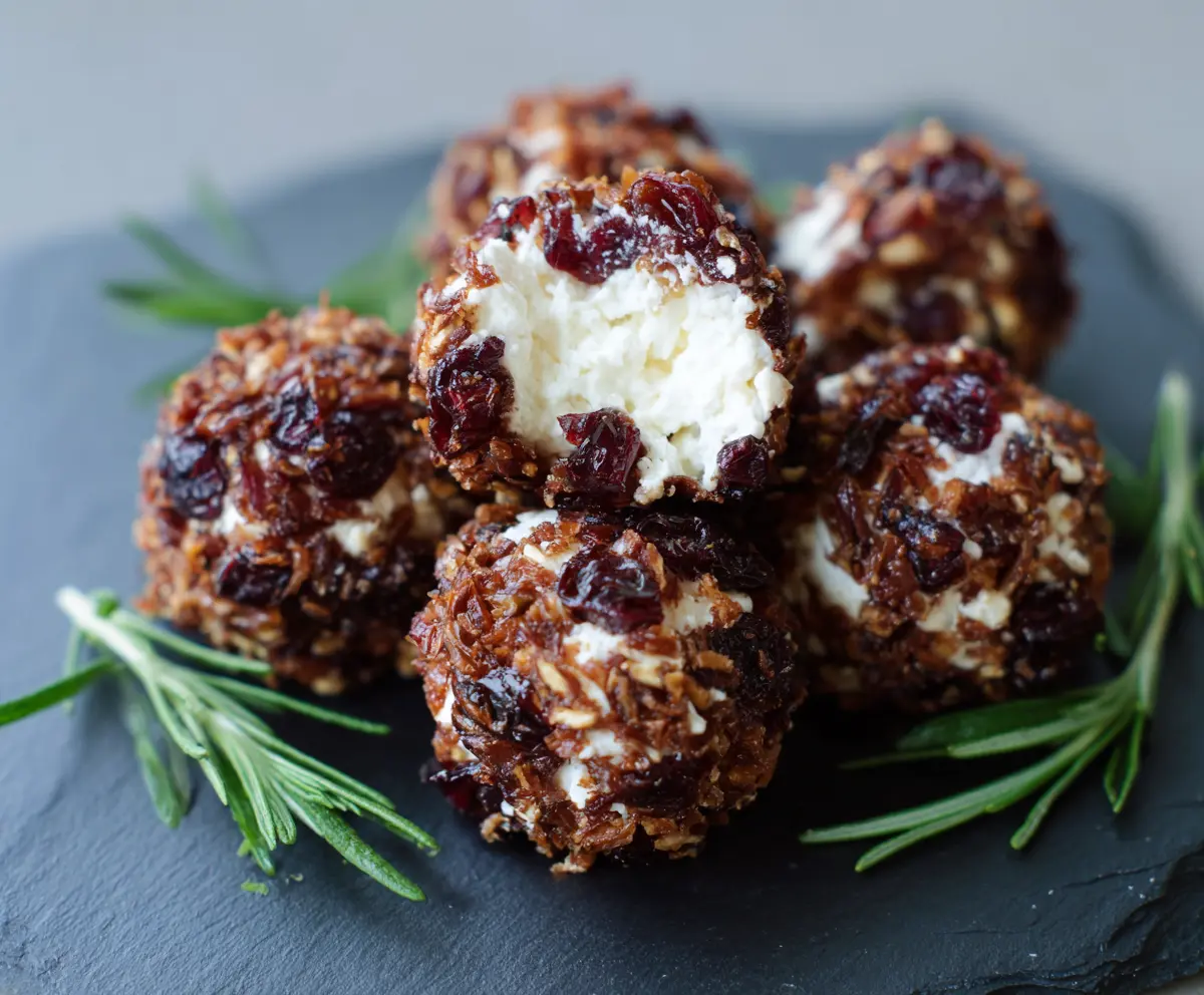 Cranberry goat cheese balls garnished with fresh herbs on a white plate for a festive appetizer.