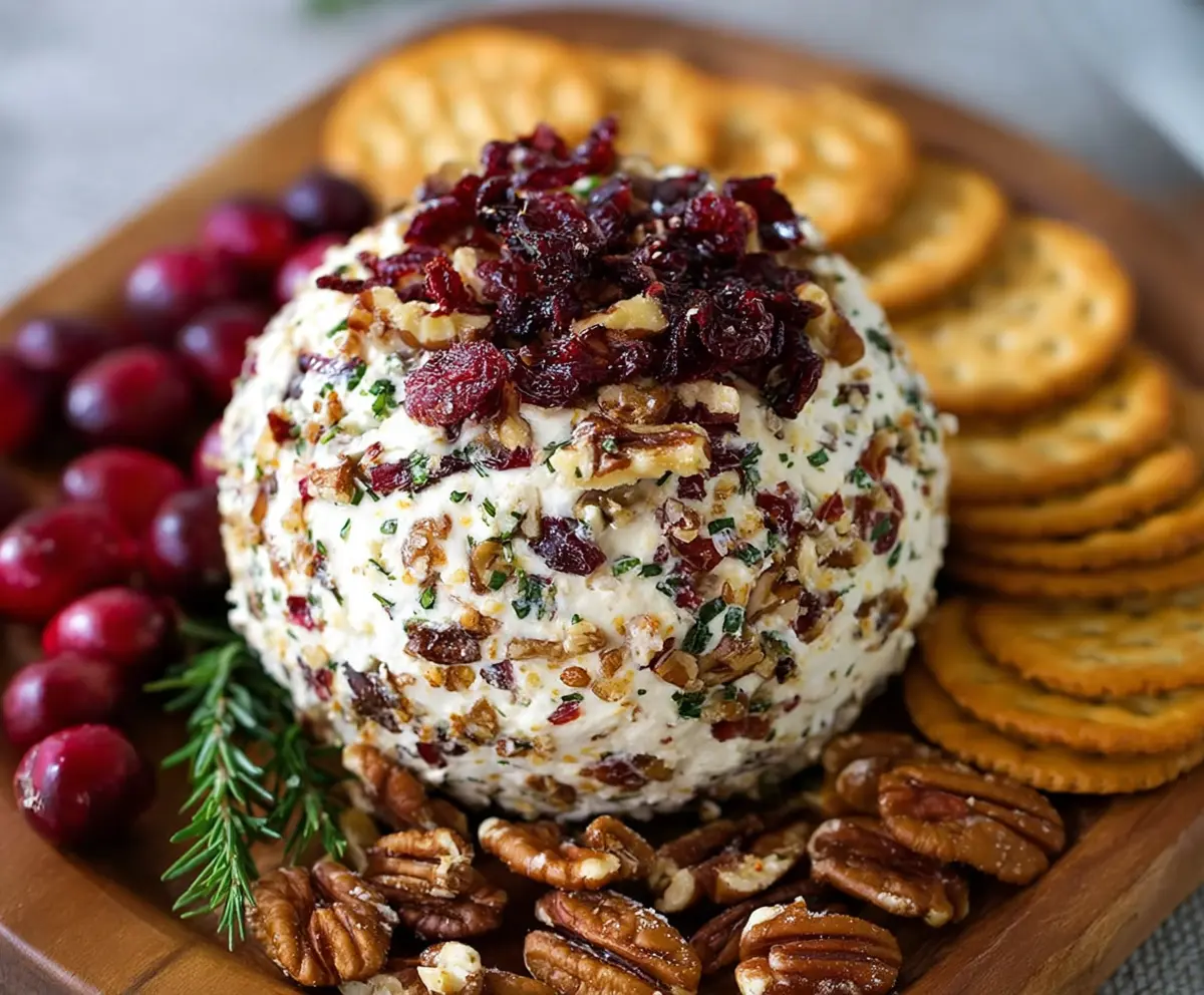 Cream cheese ball covered with fresh cranberries and chopped nuts, perfect for holiday parties