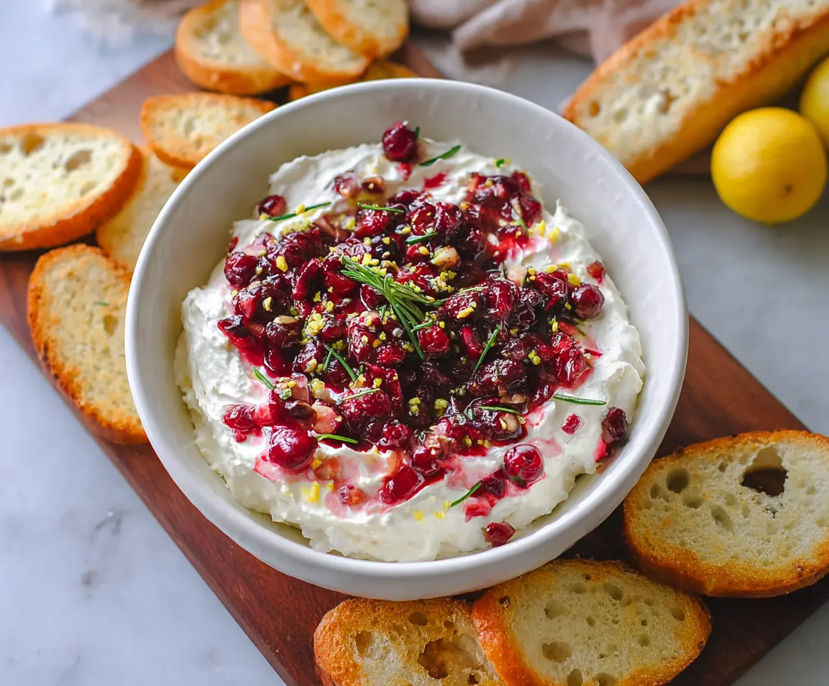 Creamy Cranberry Whipped Feta Dip served with fresh herbs on a white plate.