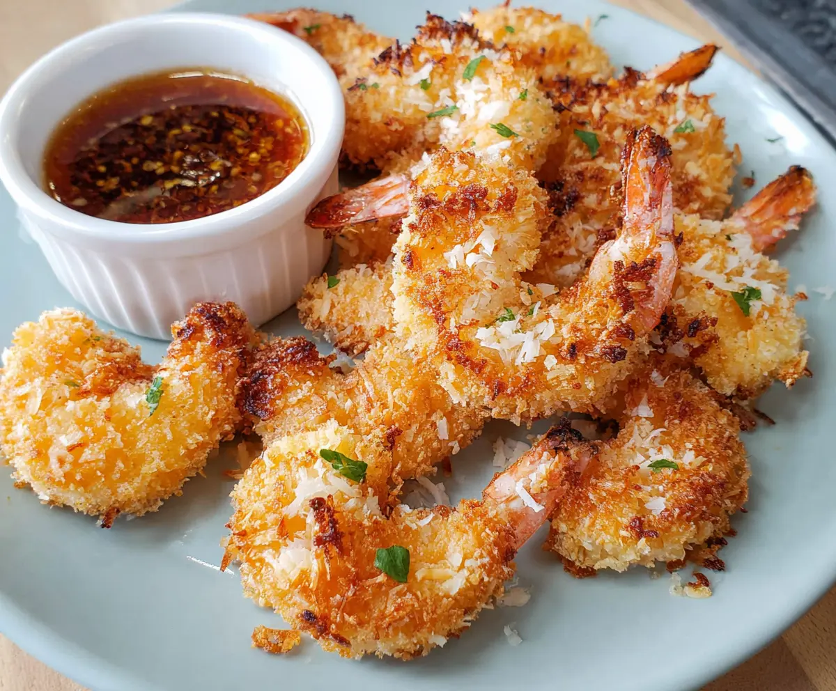Crispy baked coconut shrimp served on a plate with dipping sauce, perfect for appetizer or snack.