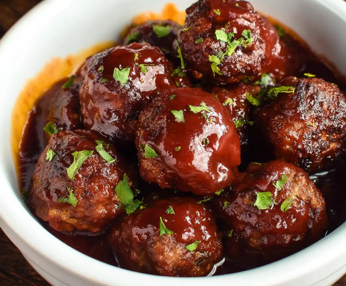 Delicious crockpot meatballs glazed with savory BBQ sauce, perfect for sharing at gatherings.