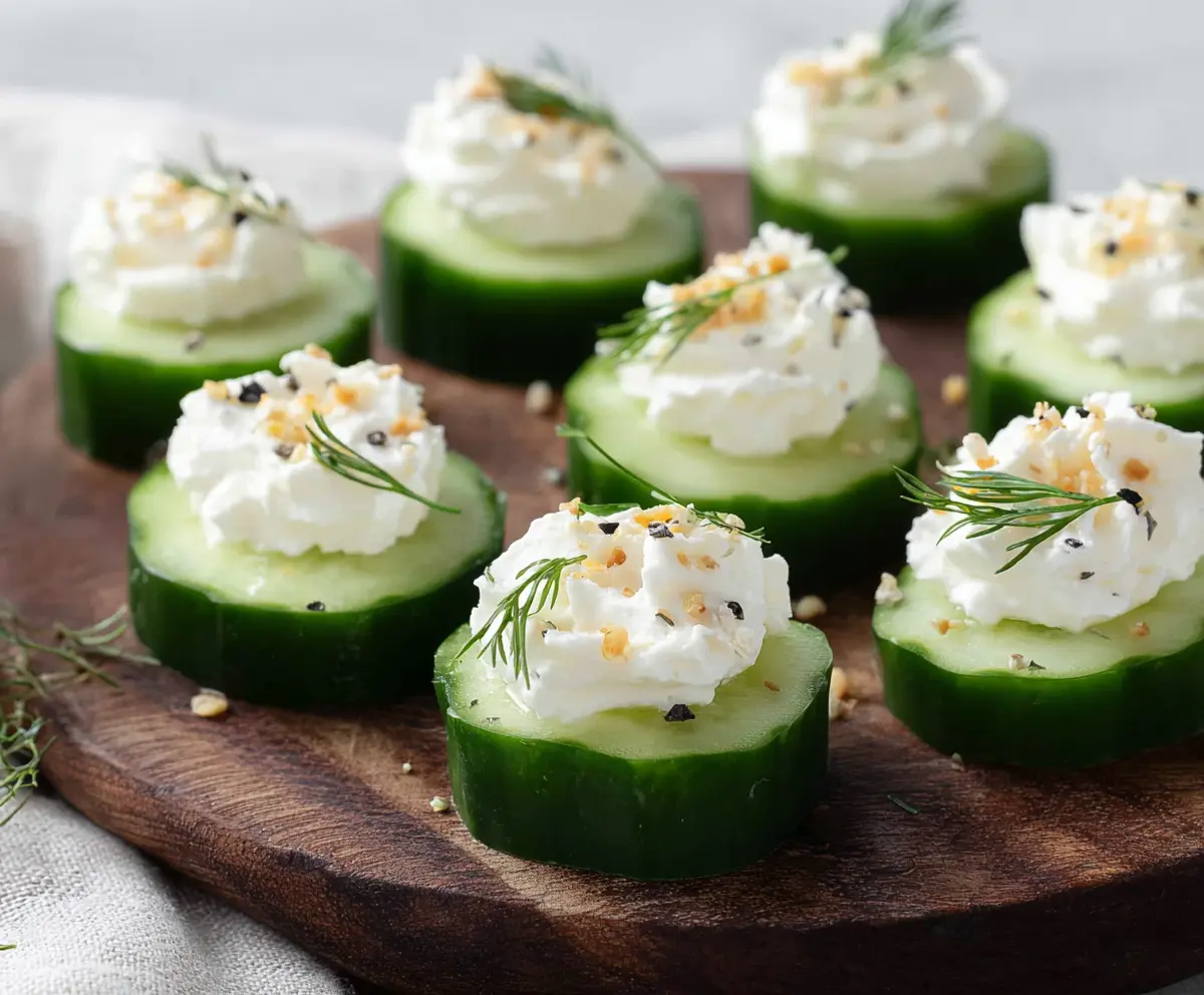 Delicious cucumber and cream cheese bites garnished with fresh herbs for a refreshing appetizer.