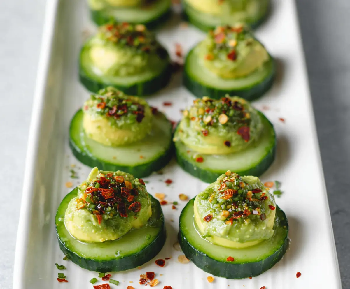 Fresh cucumber and creamy avocado bites garnished with herbs, perfect for a healthy snack.