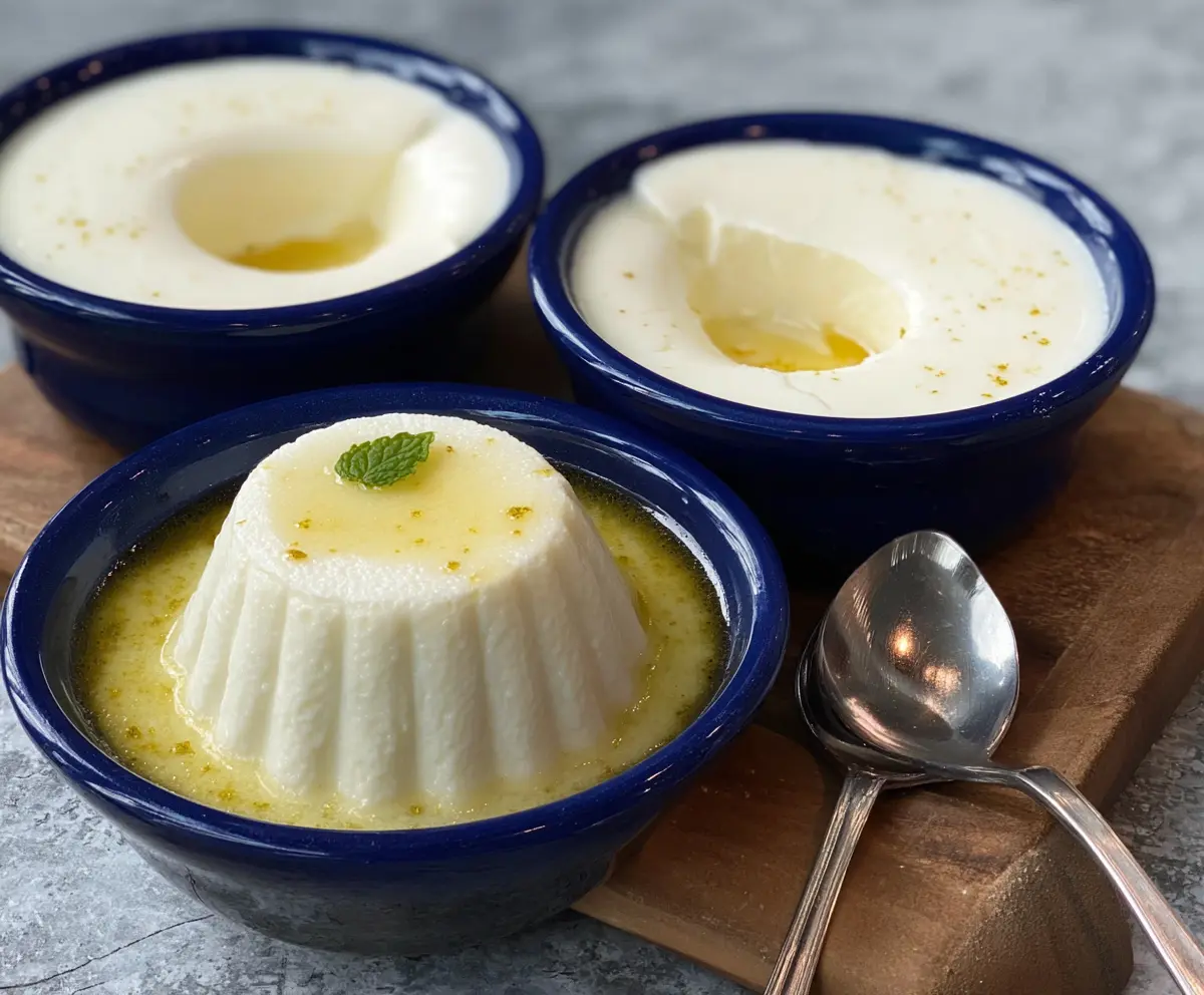 Healthy egg white pudding served in a bowl, garnished with fresh fruits and mint.