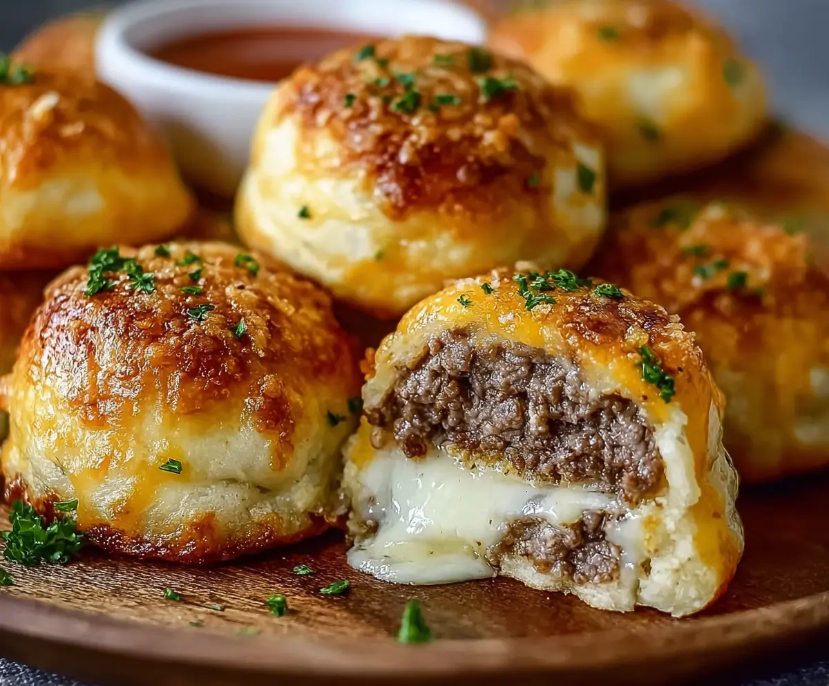 Delicious Garlic Parmesan Cheeseburger Bombs served hot with melted cheese and crispy bacon.