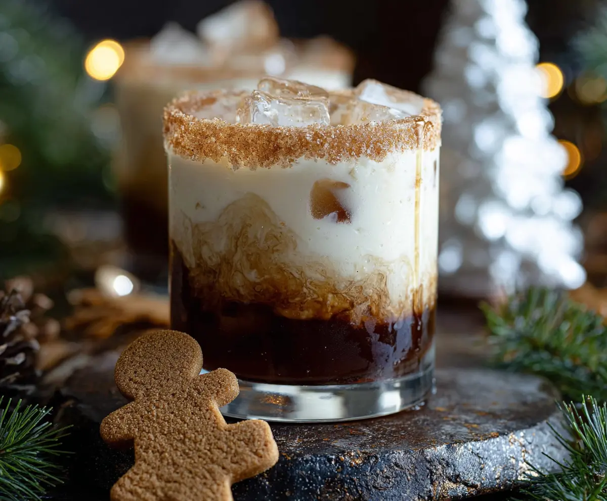 Creamy Gingerbread White Russian cocktail served in a glass with a cinnamon stick and gingerbread cookie garnish.